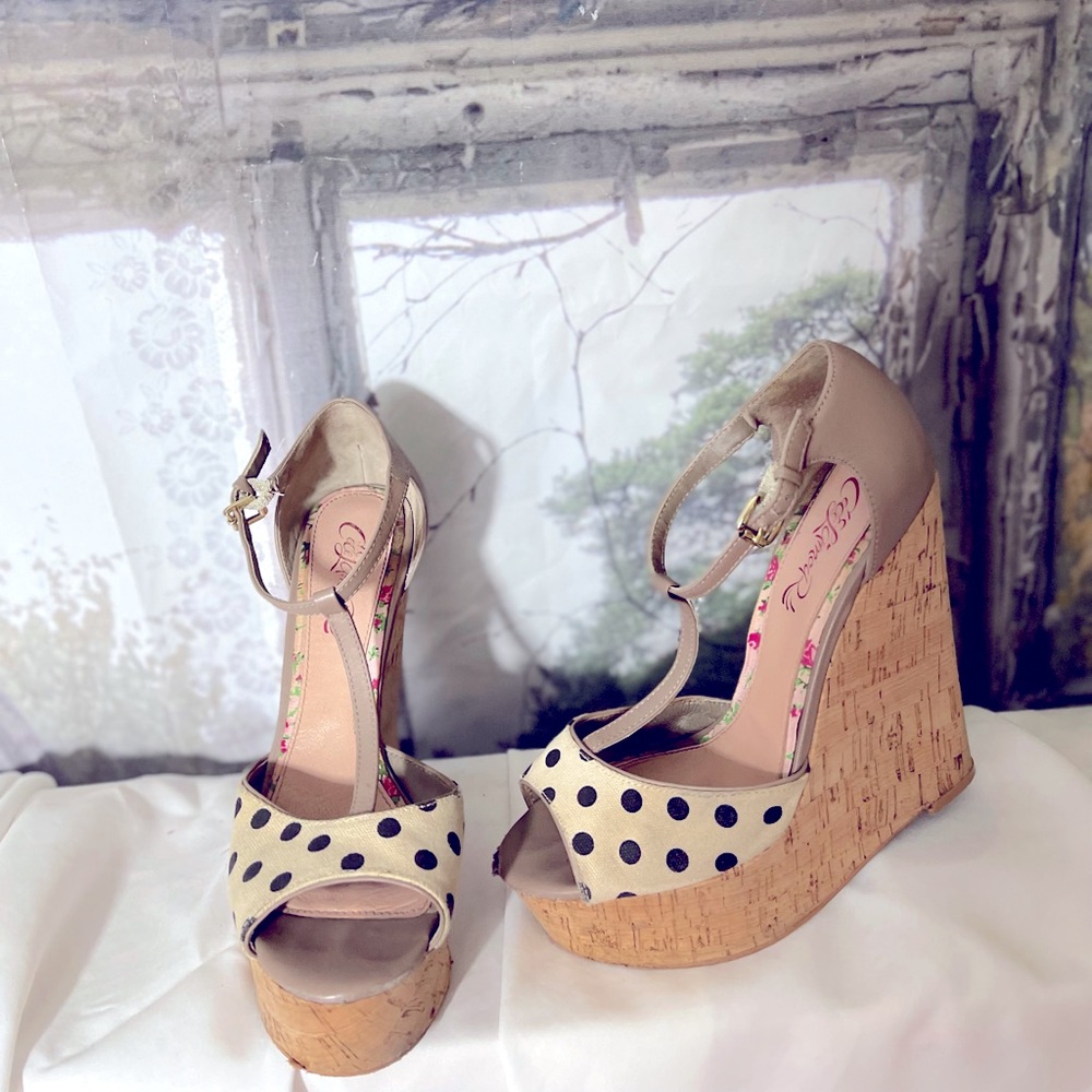 Polkadot Summer Wedges-Canvas & Leather-sz 8